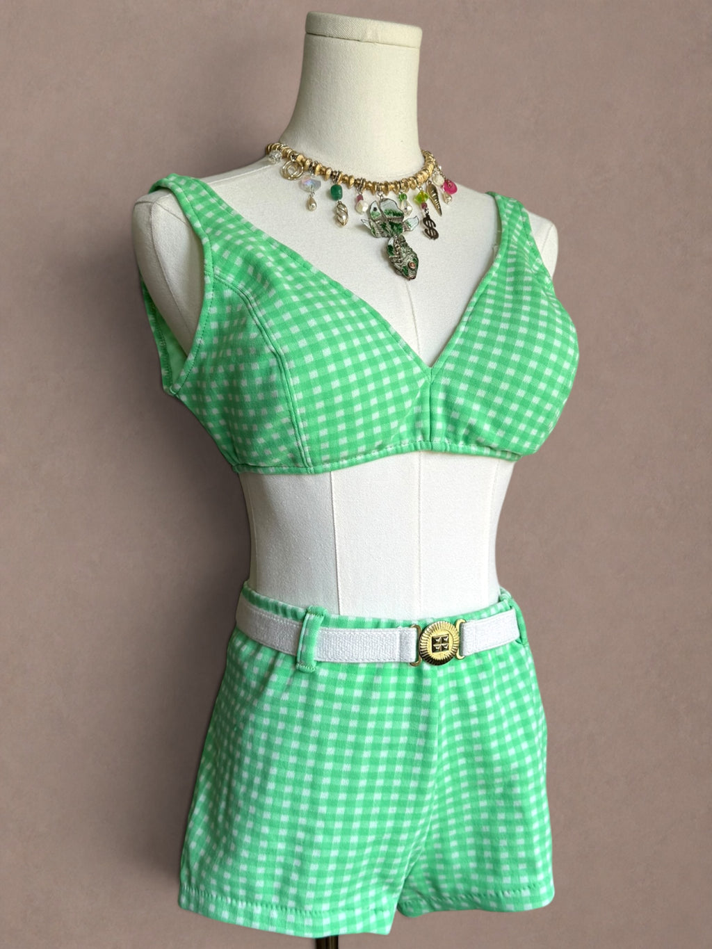 Green Gingham 60s Two Piece Swimsuit Set with Belt