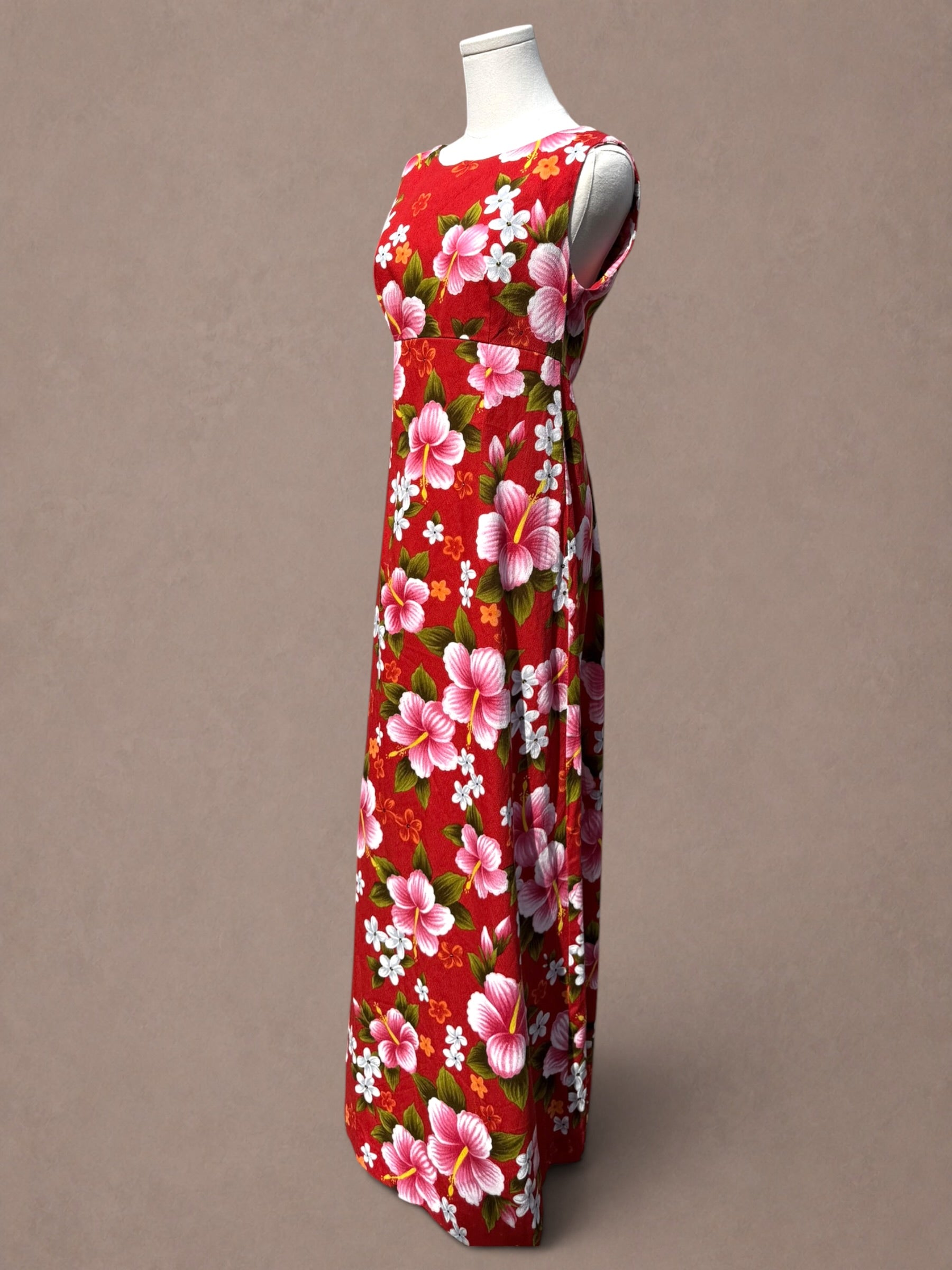 Red 60s Ui-Maikai Hawaiian Hibiscus Maxi Dress