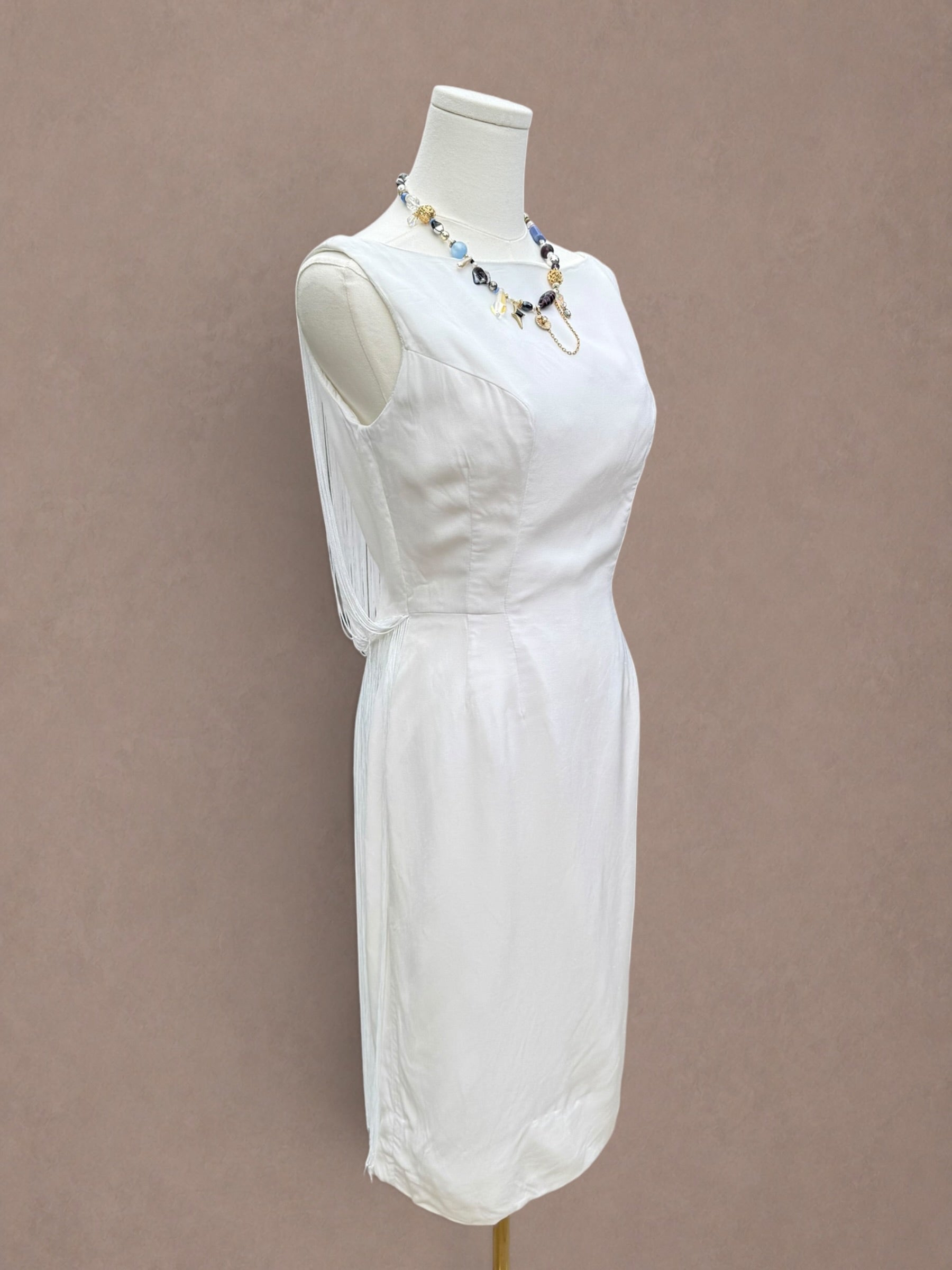 White Fringe Back 60s Wiggle Dress
