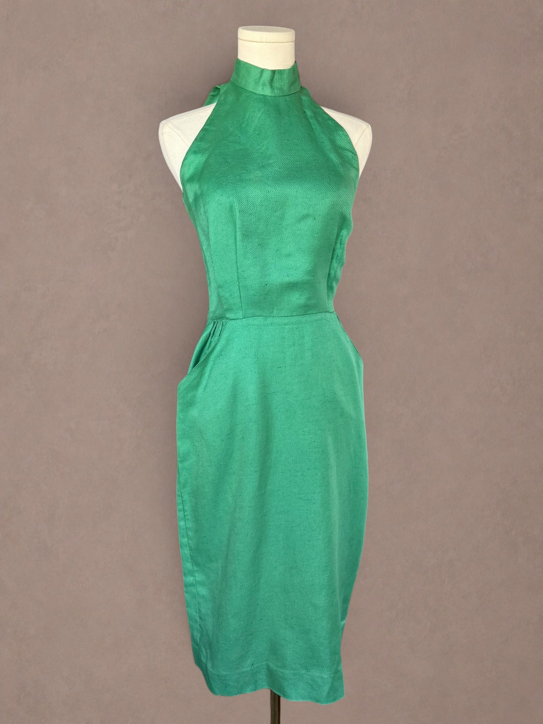 Neiman Marcus Emerald Green 70s Open Back Halter Dress