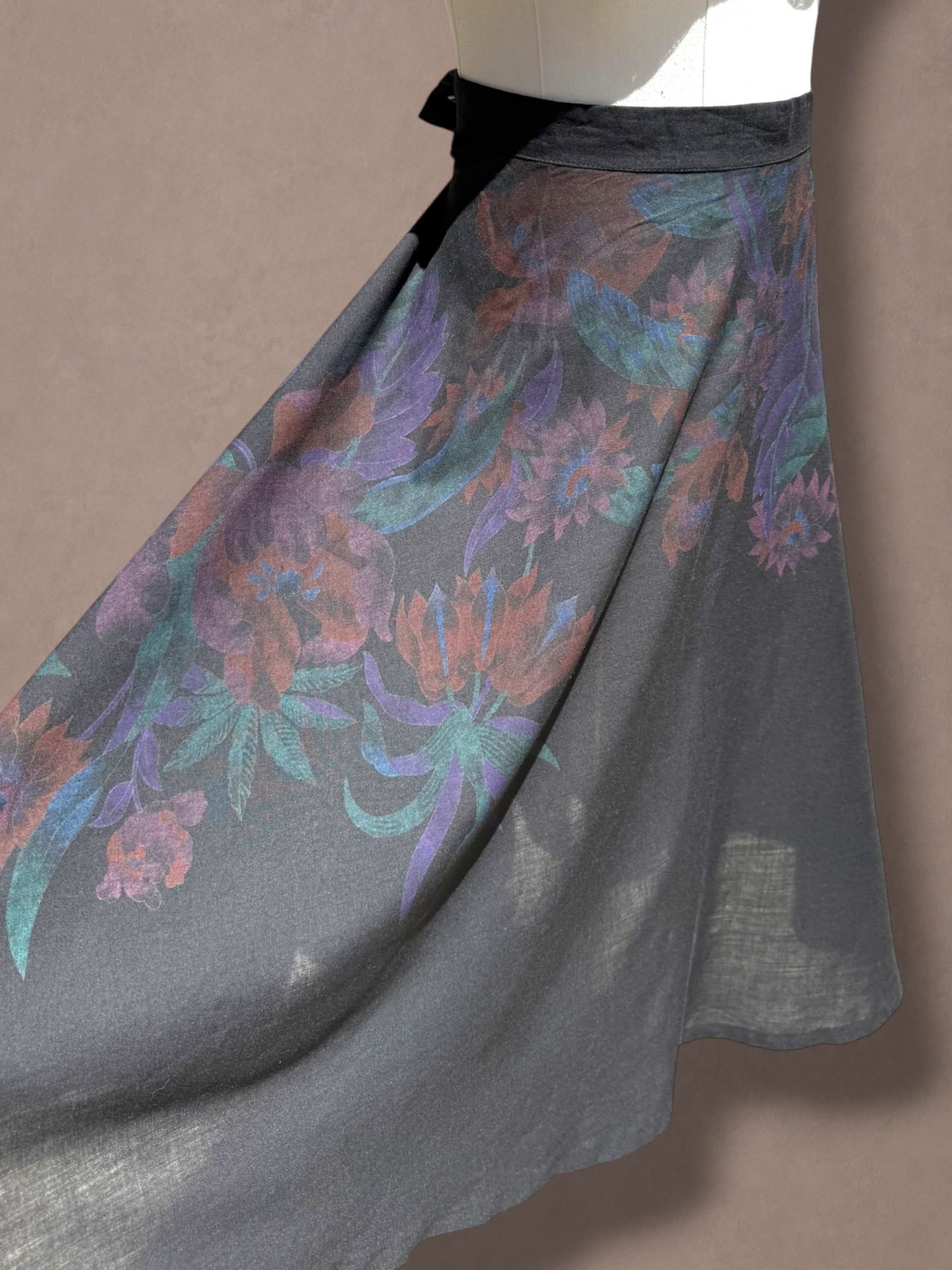 Black & Jewel Tone Floral Print 70s Midi Skirt