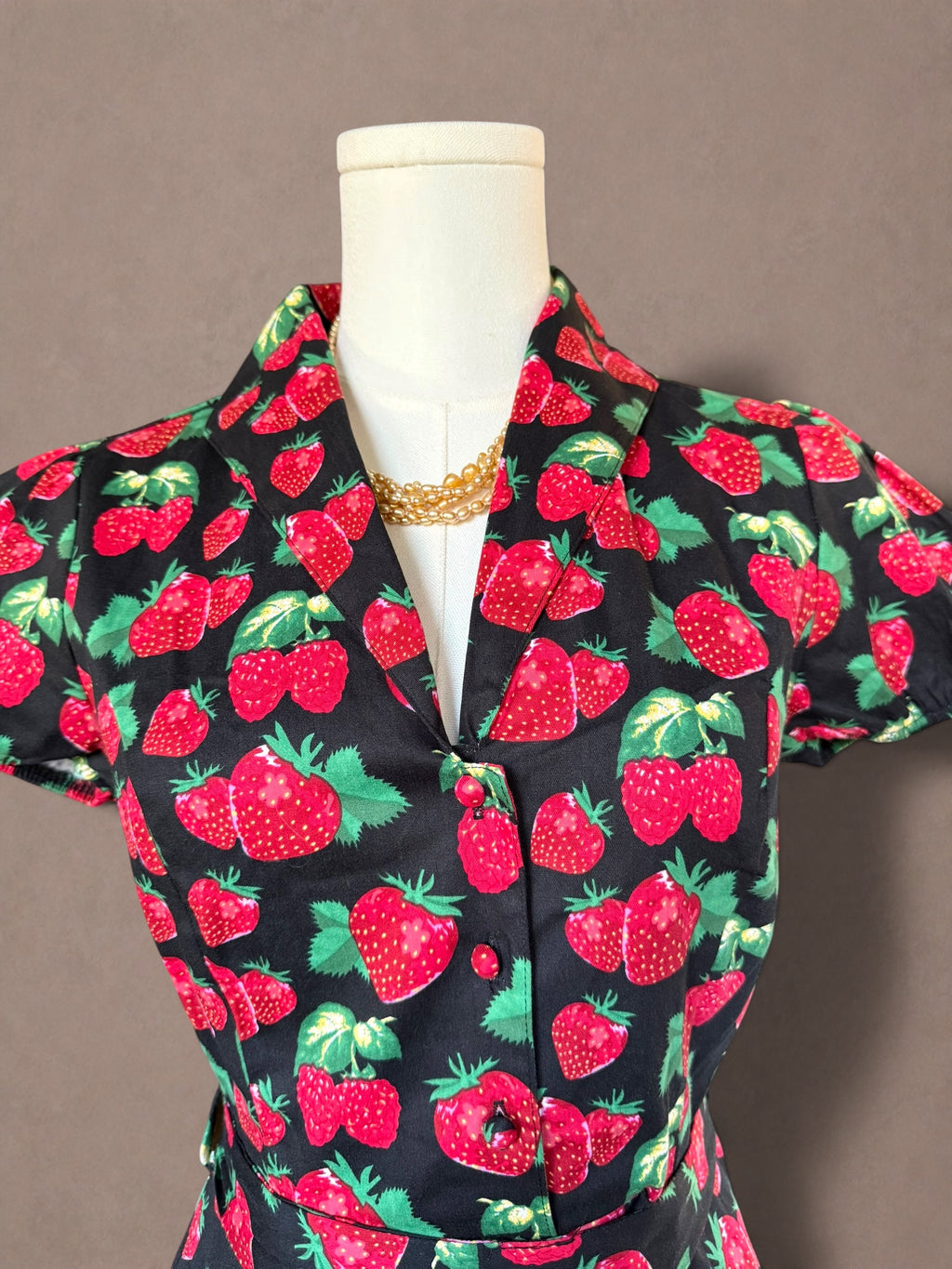 Vintage-Inspired Strawberry Print Dress with Tie Waist-New with Tags