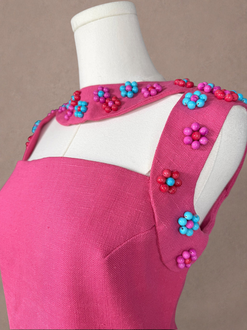 Pink Beaded Mod Mini Dress • Linen Shift Dress • Candy Colored Floral Beadwork