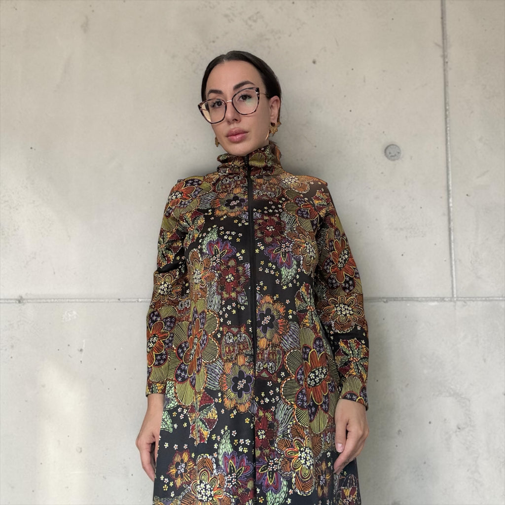 Psychedelic Owl Print 70s Zip Front Hostess Dress by Butterfield 8