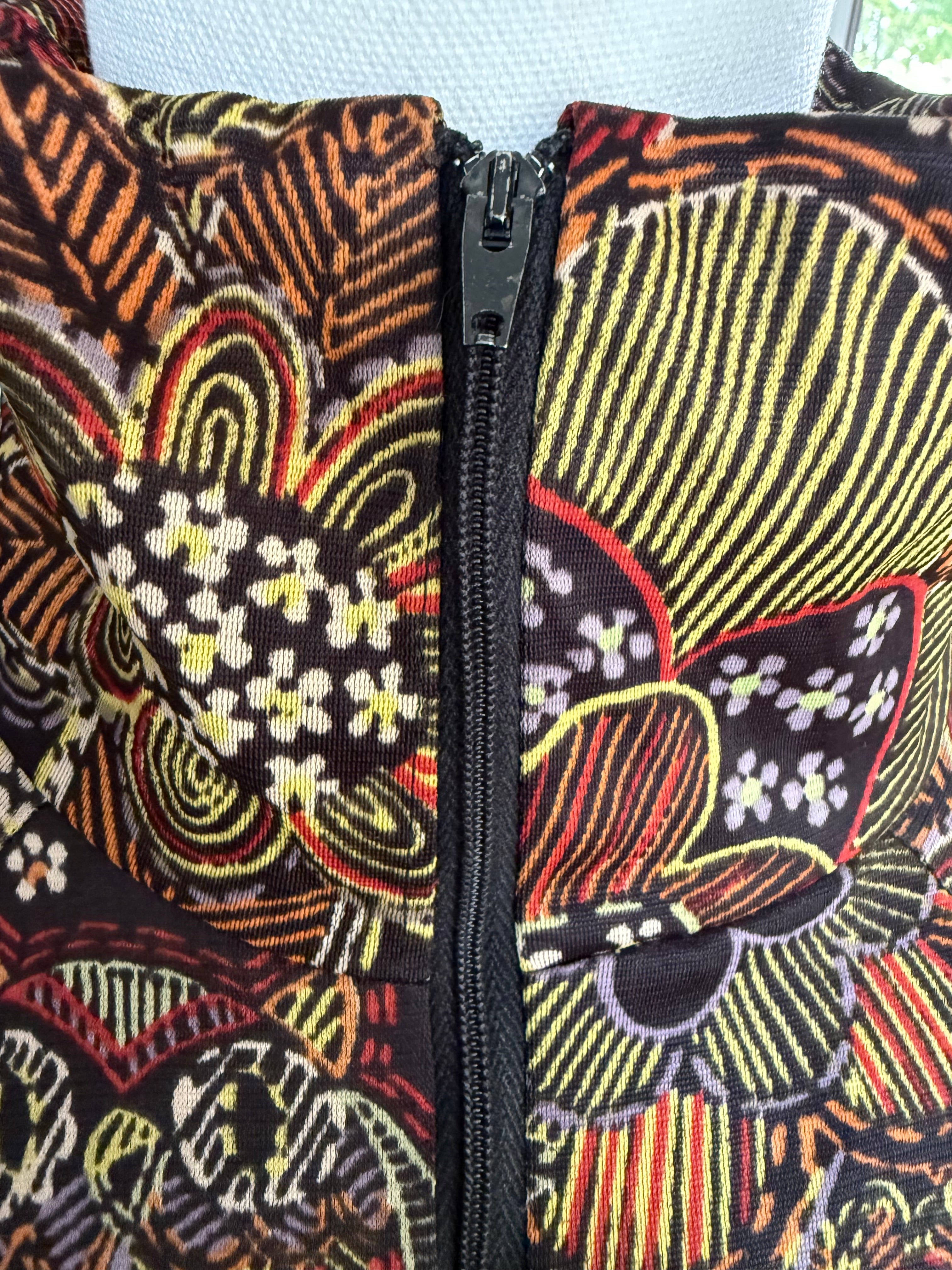 Psychedelic Owl Print 70s Zip Front Hostess Dress by Butterfield 8