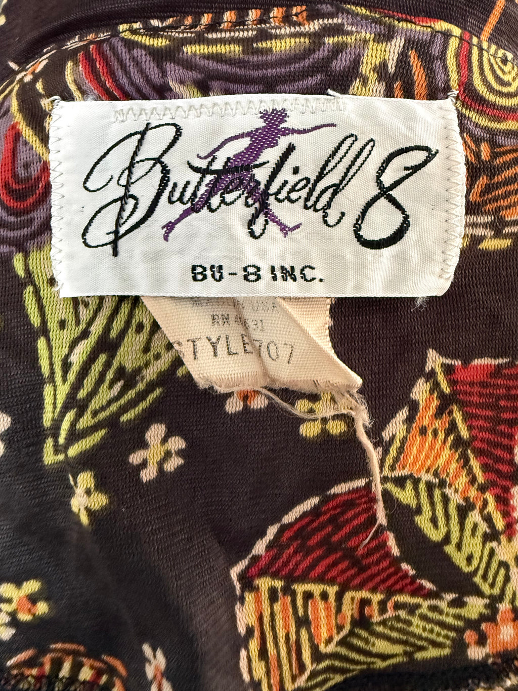 Psychedelic Owl Print 70s Zip Front Hostess Dress by Butterfield 8